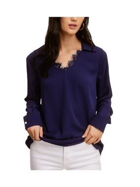 SINGLE THREAD TOP WOMEN'S SIZE XSMALL LACE TRIM V NECK POPOVER BLOUSE BLUE NEW